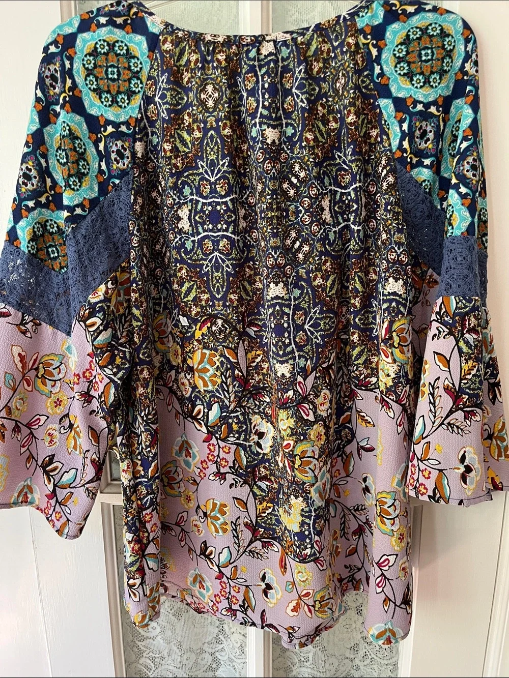 new directions Navy, Turquoise & Lilac Mixed-Print Peasant Blouse